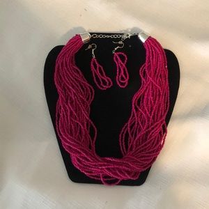 Magenta beaded necklace and earrings set